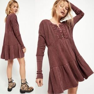 Free People FP One Grunge 90s Thermal 
Knit Jolene Henley Mini Dress Wine Medium